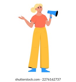 Woman with loudspeaker. Flat vector illustration isolated on white background