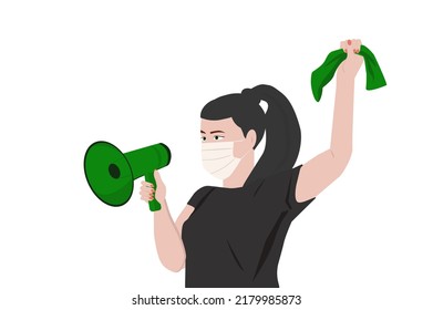 Woman with loudspeaker and green bandana isolated on white background. The right to abortion. Protest symbol