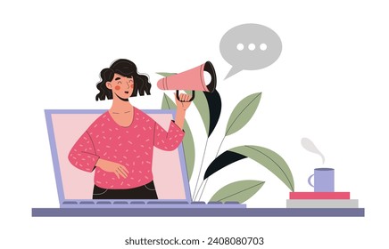 Woman with loudspeaker. Marketer promote goods onn internet and social networks. Online advertising and marketing. Refer friend. Cartoon flat vector illustration isolated on white background