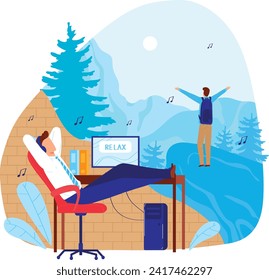 Woman lounging in chair listening to music, man with backpack enjoying mountain view. Self-care and leisure time concept vector illustration.