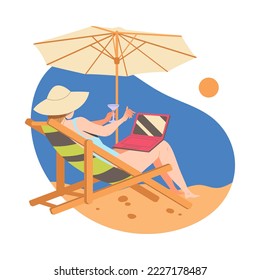 Woman Lounging on Deck Chair with Laptop and Cocktail Under Umbrella on Beach Enjoying Summer Vacation and Seaside Rest Vector Illustration