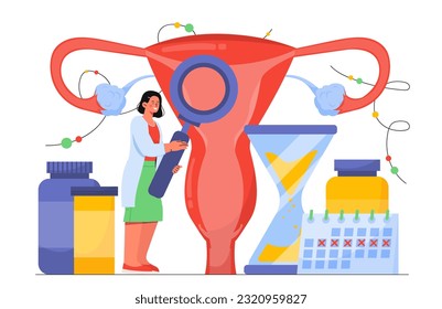 Woman with loupe examining uterus concept. Young girl in medical gown doing research. Biology and anatomy. Gynecological research of reproductive system. Cartoon flat vector illustration