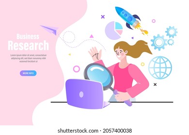 Woman with a loupe making research. Marketing, audit, analysis, investigation. modern business concept illustration. Statistical and Data Analysis for Business Finance Investment. 