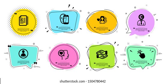 Woman love, Avatar and Face biometrics line icons set. Chat bubbles with quotes. Copyrighter, Romantic talk and Touchpoint signs. Helping hand, Cv documents symbols. Vector