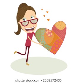 Woman in love with a big heart in her hands. Vector Illustration