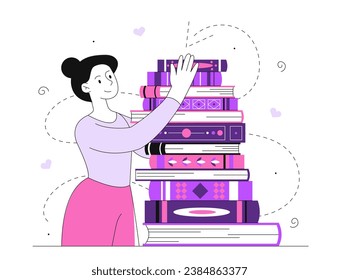 Woman love books line concept. Young girl with stack of textbook. Literature and reading. Education and learning, trainig. Linear flat vector illustration isolated on white background