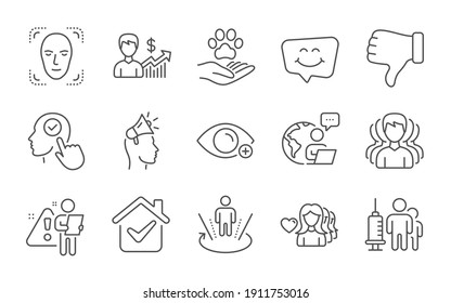 Woman love, Dislike hand and Augmented reality line icons set. Pets care, Farsightedness and Select user signs. Business growth, Smile chat and Brand ambassador symbols. Line icons set. Vector