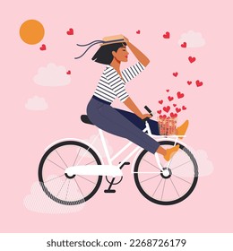 A woman in love and a happy in a striped sweatshirt and a straw hat on a white bicycle soars in the clouds. A cute girl enjoys life, summer and radiates positive energy. Vector.
