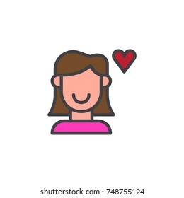 Woman in love and heart filled outline icon, line vector sign, linear colorful pictogram isolated on white. Symbol, logo illustration. Pixel perfect vector graphics