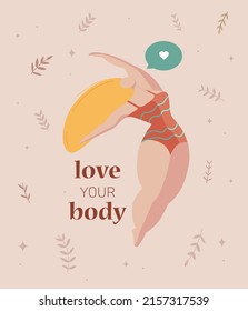 Woman love her body concept vector illustration. Female enjoys and fully accepts herself. Girl embraces her being at peace. Self-care card, banner. The beauty of a woman's body and health.