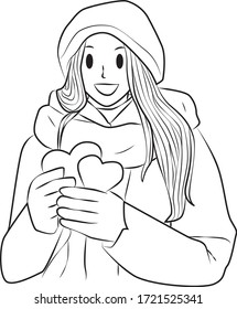 A woman with love in her hand, winter outfit, line vector illustration