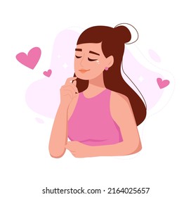 Woman in love. Inspiration concept. Girl daydreaming about love. Female cartoon character. Psychological and physical woman health. Vector illustration.