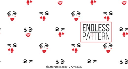 Woman in love, kissing wink and wasn't me vector emoticons, emoji, smiley icons, characters. Fashion illustrated women's emotional faces seamless pattern.