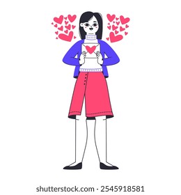 Woman with love message. Romantic cheerful girl received love letter, lady in love flat vector illustration. Valentines day female character