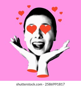 Woman in love. Modern collage with hearts in the eyes of smiling woman. Halftone female face. Valentines day card