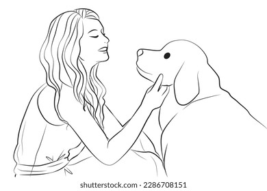 woman love obedience dog pose line cartoon illustration