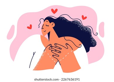 Woman in love presses hands to chest, dreaming sincere love and acquaintance with soulmate or marriage. Kind girl puts hands on heart as sign of approval charity and volunteering on gratuitous basis 