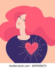 Woman in love with shining heart. I love you. Valentine's Day greeting card, banner, flyer. Happy girl with pink hair. Love yourself and your life. Smiling mother. Self care illustration. Love  sign.