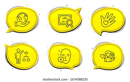 Woman love sign. Diploma certificate, save planet chat bubbles. Social responsibility, Face declined and Algorithm line icons set. Helping hand, Identification error, Developers job. Vector