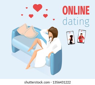 Woman in Love Sitting on Sofa Vector Illustration. Online Dating Application Male Female Profiles on Smartphone Screen. Romantic Communication Message Internet Flirting Date Find Concept