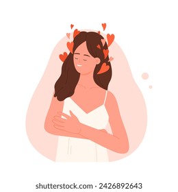 Mujer con pensamientos de amor. Positivo pensamiento cálido, mente romántica ilustración vectorial de dibujos animados