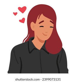 Woman In Love Wears A Radiant Smile, Her Eyes Gleaming With Joy. Blush Adorns Female Character Cheeks, And A Soft, Dreamy Gaze Reflects The Warmth Of Her Affection. Cartoon People Vector Illustration