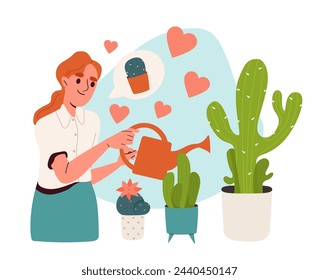 Woman loves cacti concept. Young girl with watering can near flowerpot with plants. Floristry and botany. Gardening and horticulture. Cartoon flat vector illustration isolated on white background