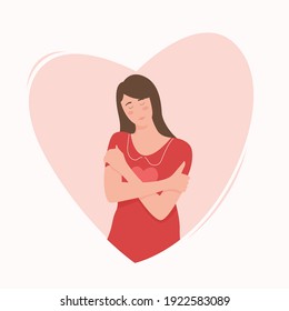 woman loves her self with heart sign, Love your self or body concept