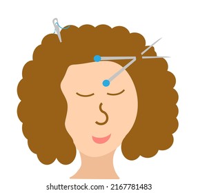 Woman Loves Knitting And Sewing Concept Idea. Happy Smiling Woman Symbol Or Funny Doodle With Scissors, Needle And Thread On Her Hair, Flat Vector Illustration Isolated On White Background.