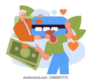 Woman loves money. Young girl talk with guy with banknotes and banking card. Greedy person dreams about wealth. Love and romance for money. Artificial relationships. Flat vector illustration