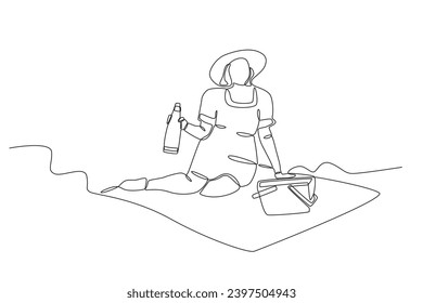 A woman loves a picnic. Spring one-line drawing