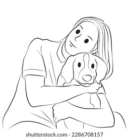 Woman lovingly embraces dog puppy pose line cartoon illustration