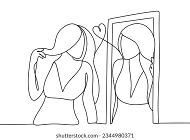 A woman lovingly looks at her reflection. Acceptance of your strengths and weaknesses. Raising awareness. Mindfulness Day. One line drawing for different uses. Vector illustration.