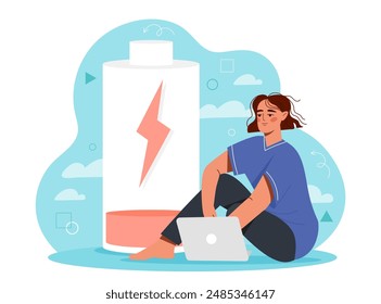 Mujer con poca energía. Chica joven con indicador de batería vacía. Burnout emocional y empleado con exceso de trabajo. Organización ineficaz del proceso de trabajo en el cargo. Ilustración vectorial plana