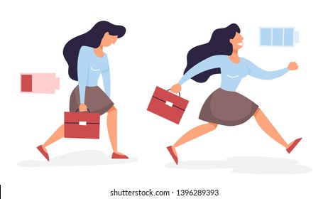 Woman with a low and high level of energy. Full battery. Happy and sad, tired person. Need of recharge. Isolated vector illustration in cartoon style