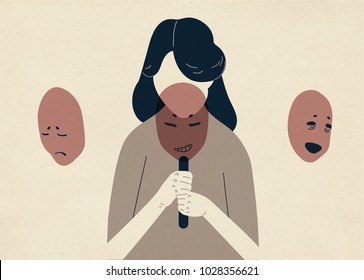 Woman with lowered head covering her face with masks expressing various emotions. Concept of changing natural personality to conform to social requirements and pressure. Colorful vector illustration.
