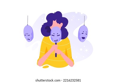 	
Woman with lowered head covering her face with masks expressing various emotions. Concept of changing natural personality to conform to social requirements and pressure. Colorful vector illustration