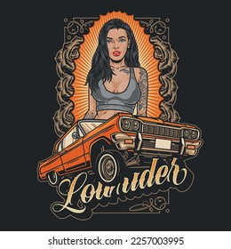 Woman lowrider vintage colorful flyer with fast car for street racing festival and beautiful Dominican girl with tattoo vector illustration