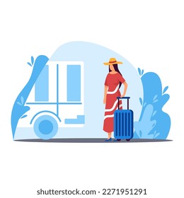 Woman with luggage getting on bus color 2d vector graphic. Lady in hat and red dress with suitcase ready to travel. Tourism and vacation cartoon illustration, flat art