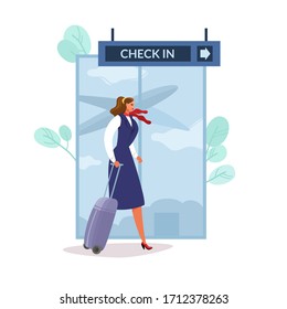 A woman with Luggage goes to the flight check-in Desk. Flight attendant at the airport. Cartoon flat style. Vector illustration on a white background.