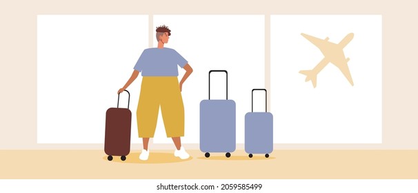 Woman with luggage and hand luggage in the airport lounge. Flat vector stock illustration. Waiting room interior. Additional piece of baggage. Waiting for the flight. Vector graphics