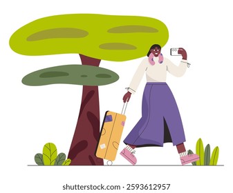 Woman with luggage and phone traveling abroad. Line art flat vector illustration isolated on white background.