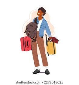 Woman With Luggage Ready For Travel. Cheerful Female Character with Different Bags and Baggage Hanging on her Body. Summer Vacation, Journey Concept. Cartoon People Vector Illustration