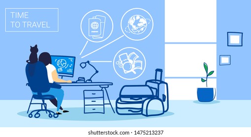 woman with luggage sitting at workplace girl booking tickets and flight to resort planning summer vacation time to travel concept modern office interior sketch horizontal full length