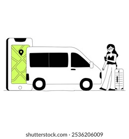 Woman With Luggage Standing By Minivan And Smartphone With Map Display In Flat Vector Illustration Symbolizing Travel, Transportation, And Ride Sharing, Isolated On White Background.