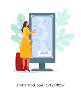 A woman with Luggage stands near the information Board. Flat cartoon illustration on a white background.