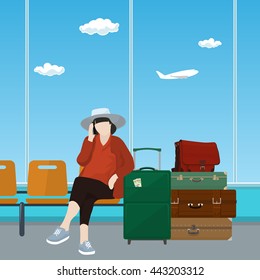 Woman with Luggage Talking on the Phone in a Waiting Room, Travel and Tourism Concept, Flat Design, Vector Illustration 