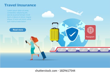 Woman with luggage travelling with airpland and railway with travel insurance for protection. Idea for travel insurance. Landing page for website.