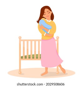 Woman lulling newborn baby next to crib. Vector illustration.