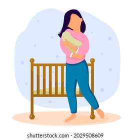 Woman lulling newborn baby next to crib. Vector illustration.